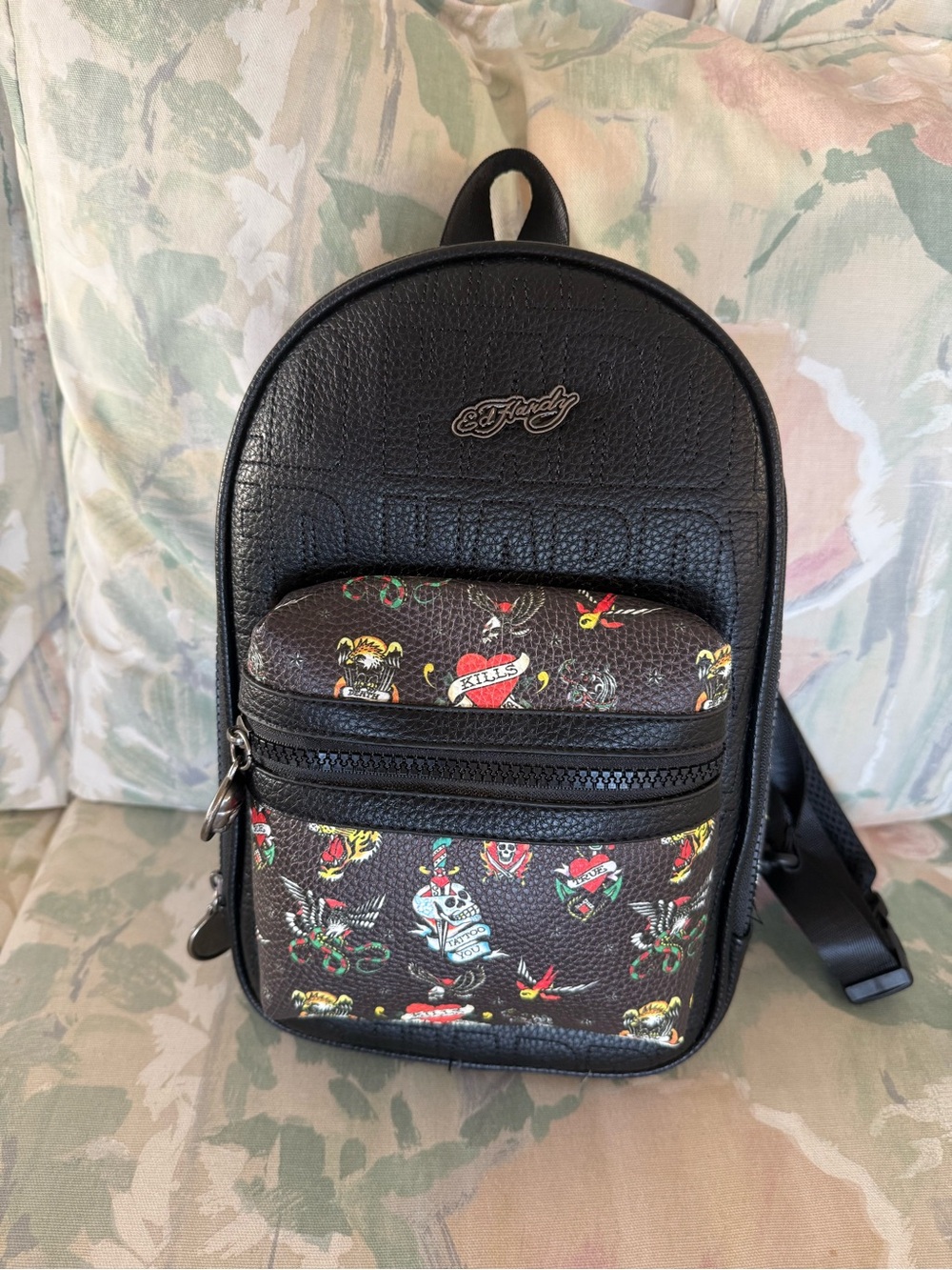 Ed Hardy Black Multi Tattoo Print Mini Backpack Sling Crossbody Bag NWT